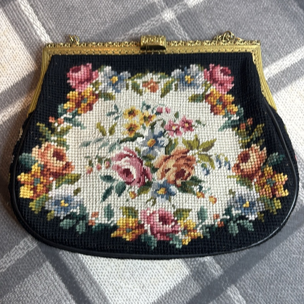 Final Discount 1950’s Floral Petit Point Purse * Brass Frame
